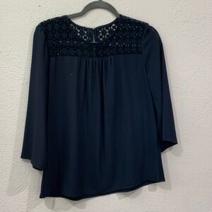 Ann Taylor Factory Navy Blouse with Lace Detail